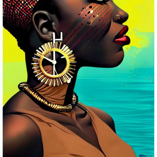 Prompt: portrait of african woman :: side profile :: in ocean :: clockwork details :: gold :: blood and horror :: by marvel and Sandra Chevrier