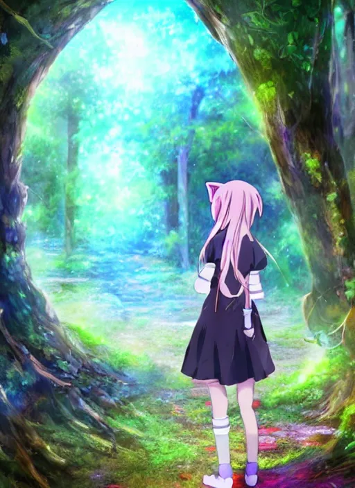 Image similar to An anime catgirl stands next to a ruined portal in a magical forest, detailed digital art