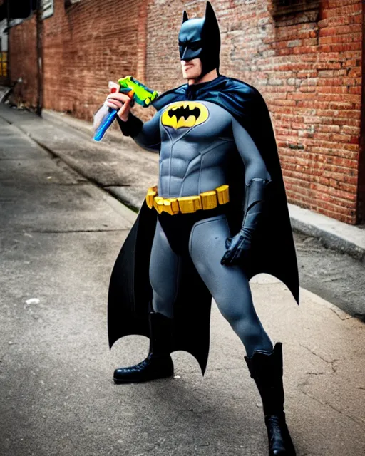 Image similar to happy batman firing super soaker water gun in an alleyway, everyone having fun, toy product advertisement, photography