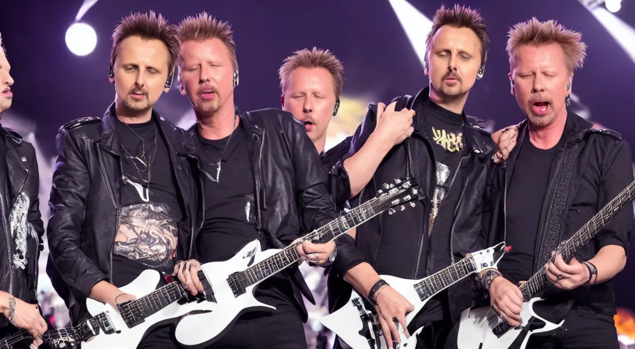 Image similar to matt bellamy and james hetfield playing on stage together, 2 0 2 2 live music video, shot on sony a 7