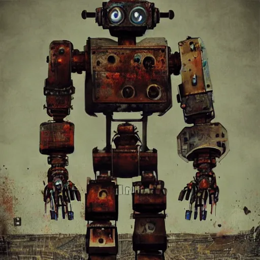 Image similar to a rusty old robot with human eyes, hyper detailed, photorealistic, grunge, rusty, retro futuristic