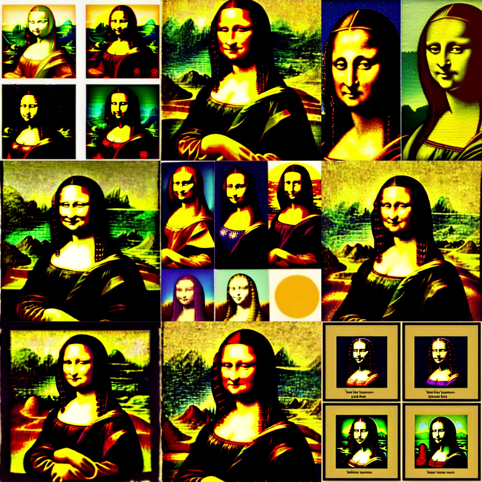 Prompt: picture divided into four equal areas. each area contains a different image of of The Mona Lisa by various painters