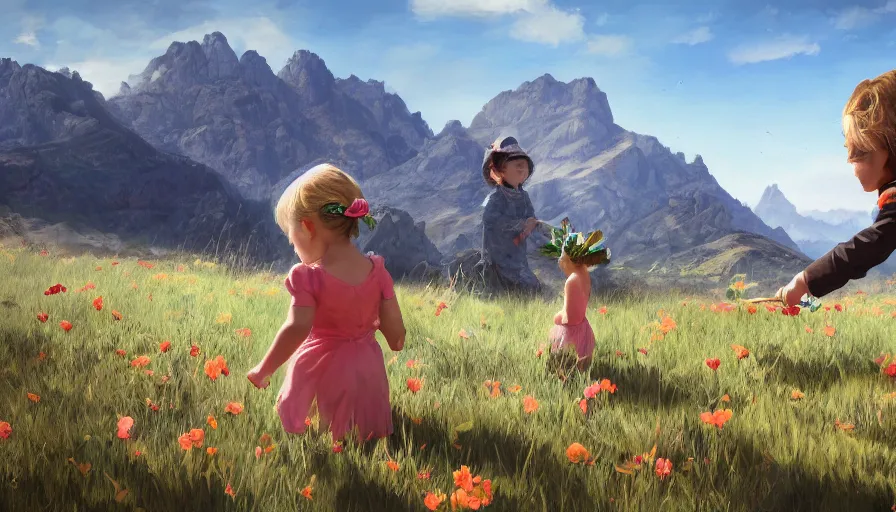 Prompt: side view of little girl giving flower to soldier, mountains in the background, sunny day, shadow, hyperdetailed, artstation, cgsociety, 8 k