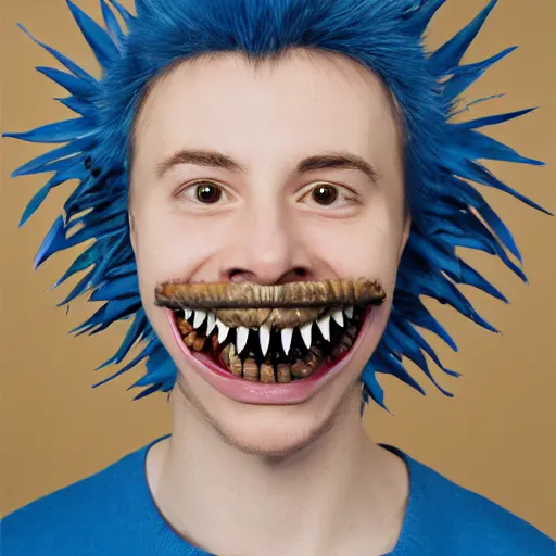 Image similar to anthropomorphic blue hedgehog with human teeth, studio portrait