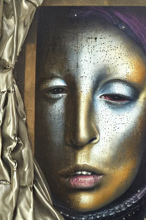 Image similar to hyperrealism oil painting, close - up portrait of face hiding in stingray medieval fashion model, knight, steel gradient mixed with nebula sky, in style of baroque mixed with 7 0 s book art