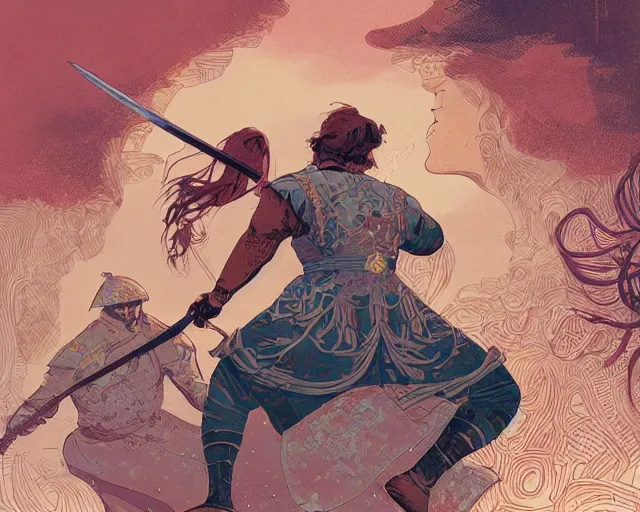 Prompt: a beautiful maiden sword fighting a big burly man, digital art, illustrated by james gurney and victo ngai