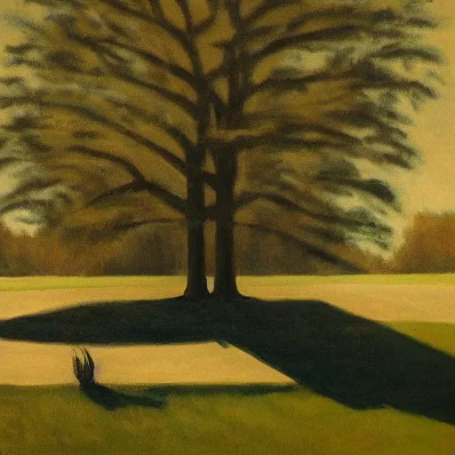 Image similar to shadow monster hiding behind a tree, in the style of a Edward Hopper painting, eerie,