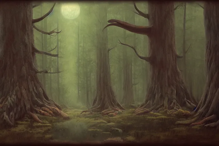 Image similar to old growth forest by Shaun Tan and Eywind Earle, trending on artstation