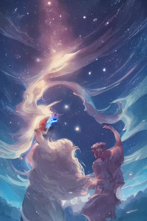 Prompt: man and woman sea and night sky with stars and galaxies, ornate detailed background, trending on artstation, by rossdraws, artgerm