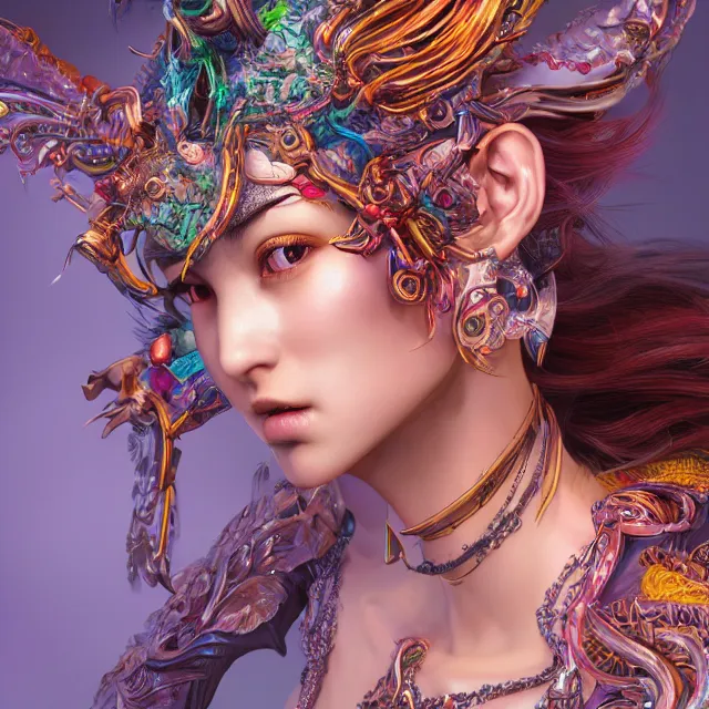 Image similar to studio portrait of colorful female divine mech dancer as absurdly beautiful, elegant, young sensual gravure idol, ultrafine hyperrealistic detailed face illustration by kim jung gi, irakli nadar, intricate linework, sharp focus, bright colors, matte, octopath traveler, final fantasy, unreal engine highly rendered, global illumination, radiant light, intricate environment