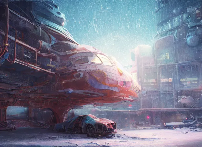 Image similar to detailed concept art illustration colorful pastel painting of a rusted sci-fi solarpunk spaceship covered in snow in full intricate detail, ultra detailed, digital art, octane render, 4K, dystopian, micro details