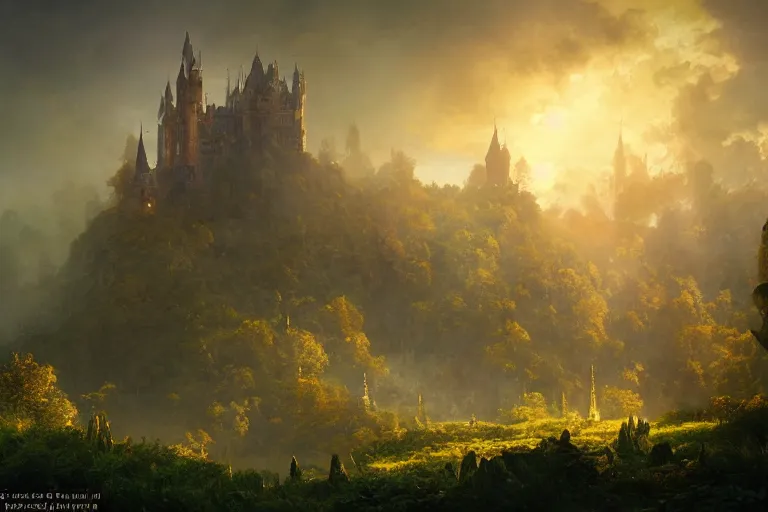 Prompt: single fantasy castle in foreground in the lush forest in the background and a scorching sun moving through the cloudless sky, illustrated by Greg Rutkowski and Gaston Bussiere, 35mm lens, beautiful macro close-up imagery, intense hot lighting, beautiful volumetric-lighting-style atmosphere