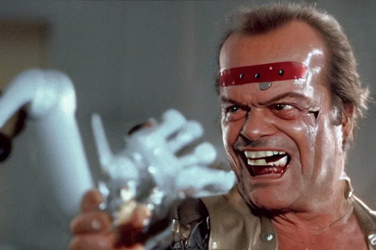 Image similar to Jack Nicholson in costume of Pikachu Terminator, scene where his endoskeleton gets exposed, still from the film