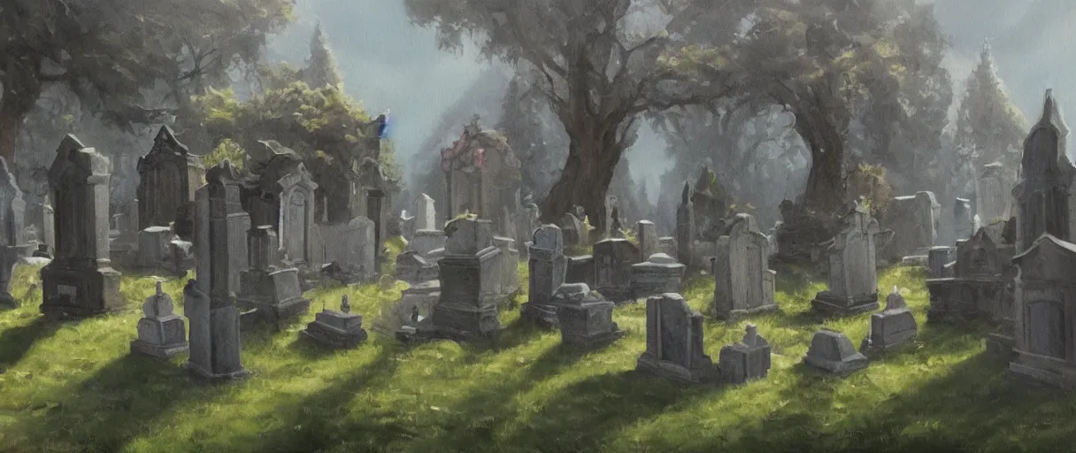 Image similar to dnd environment illustration, oil on canvas : : cemetary with crystal statues