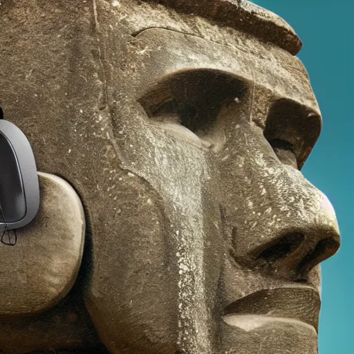 Prompt: a high detail photo of a moai wearing headphones, subject: moai, subject detail: wearing headphones