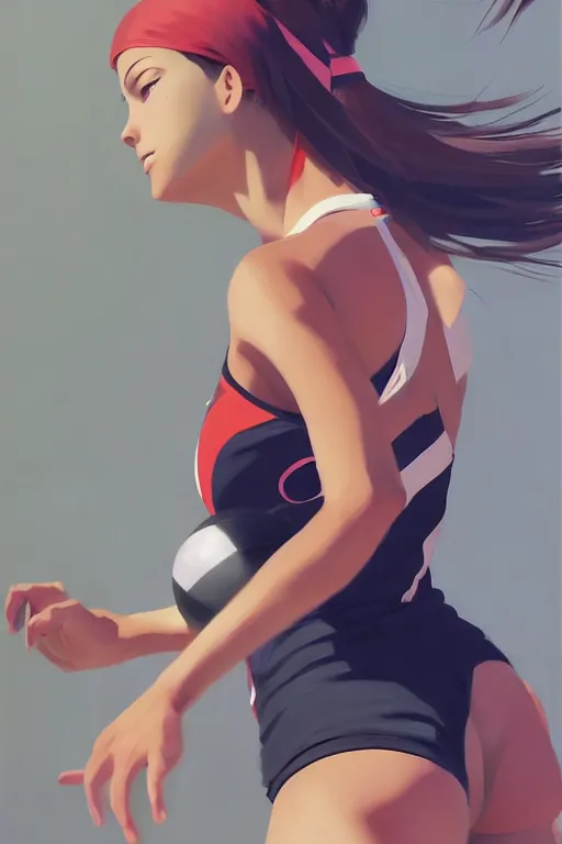 Image similar to A ultradetailed beautiful panting of a stylish woman playing volleyball, Oil painting, by Ilya Kuvshinov, Greg Rutkowski and Makoto Shinkai