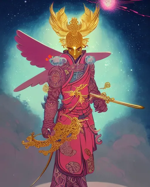 Image similar to a character portrait of only one male angel samurai with golden fiery wings, surrounded with spiriling sparkling rose crystals and galaxies, by peter mohrbacher, hyper light drifter, ukiyo - e trending on artstation