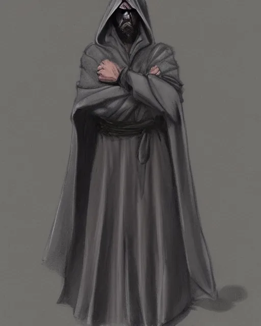 Image similar to character concept portrait of a man in dark robes, hooded, drawn by greg rukowtski