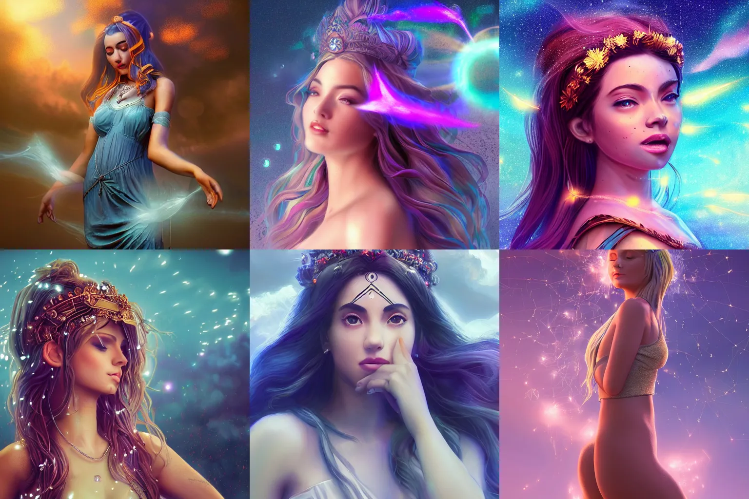 Prompt: a beautiful female goddess of the instagram character, character is in all its glory, character is in her natural relaxed pose, rim lights, particles and dust in the air, fancy clouds, highly detailed professional photo, dynamic lights, particles are flying, depth of field, trending on artstation, professional illustration, hyper realistic, vray caustics, super detailed, colorful accents, cinematic shot