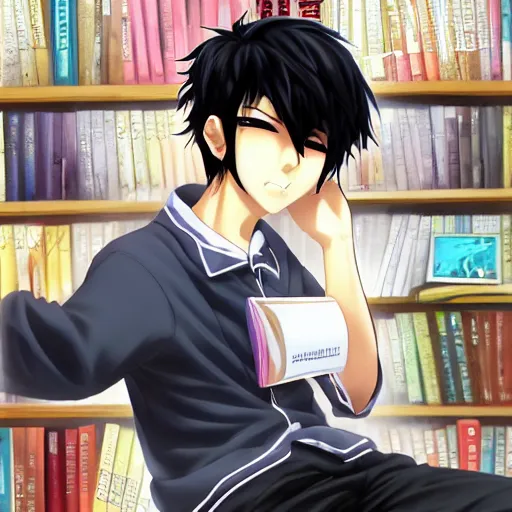 Image similar to aloof anime man with black emo hair wearing baggy shorts, standing in headmistress's office, smug grin, smug expression, punchable expression, punchable face, he's a jerk, sharp details, subsurface scattering, intricate details, art by artgerm, anime, anime hd wallpaper, 2 0 1 9 anime screenshot