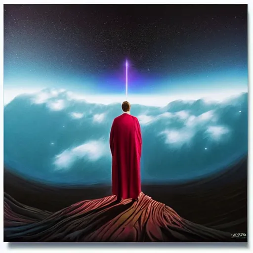 Prompt: A robed wanderer stands atop the final summit at the end of time as witness to the final fleeting moments of the universe. A highly detailed surreal oil painting on neon geometric canvas of the last wizard and the doom of spacetime.