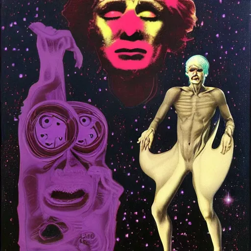 Image similar to Cosmically Terrified by Andy Warhol and Gerald Brom