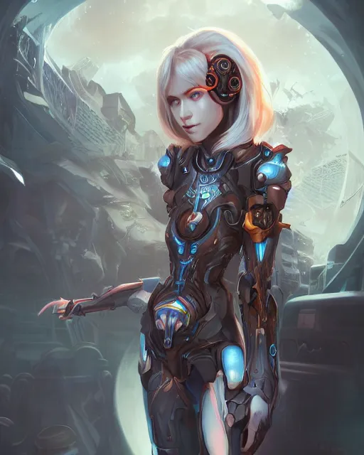 Image similar to holy cyborg necromancer girl, elegant, scifi, futuristic, utopia, garden, illustration, atmosphere, top lighting, blue eyes, white hair, beautiful, artstation, highly detailed, art by yuhong ding and chengwei pan and serafleur and ina wong