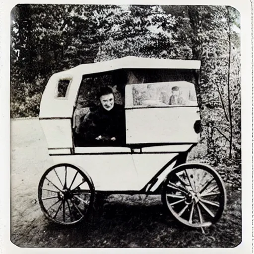 Prompt: polaroid photo of the first ever car produced with people sitting inside of it wearing 1800s clothing.