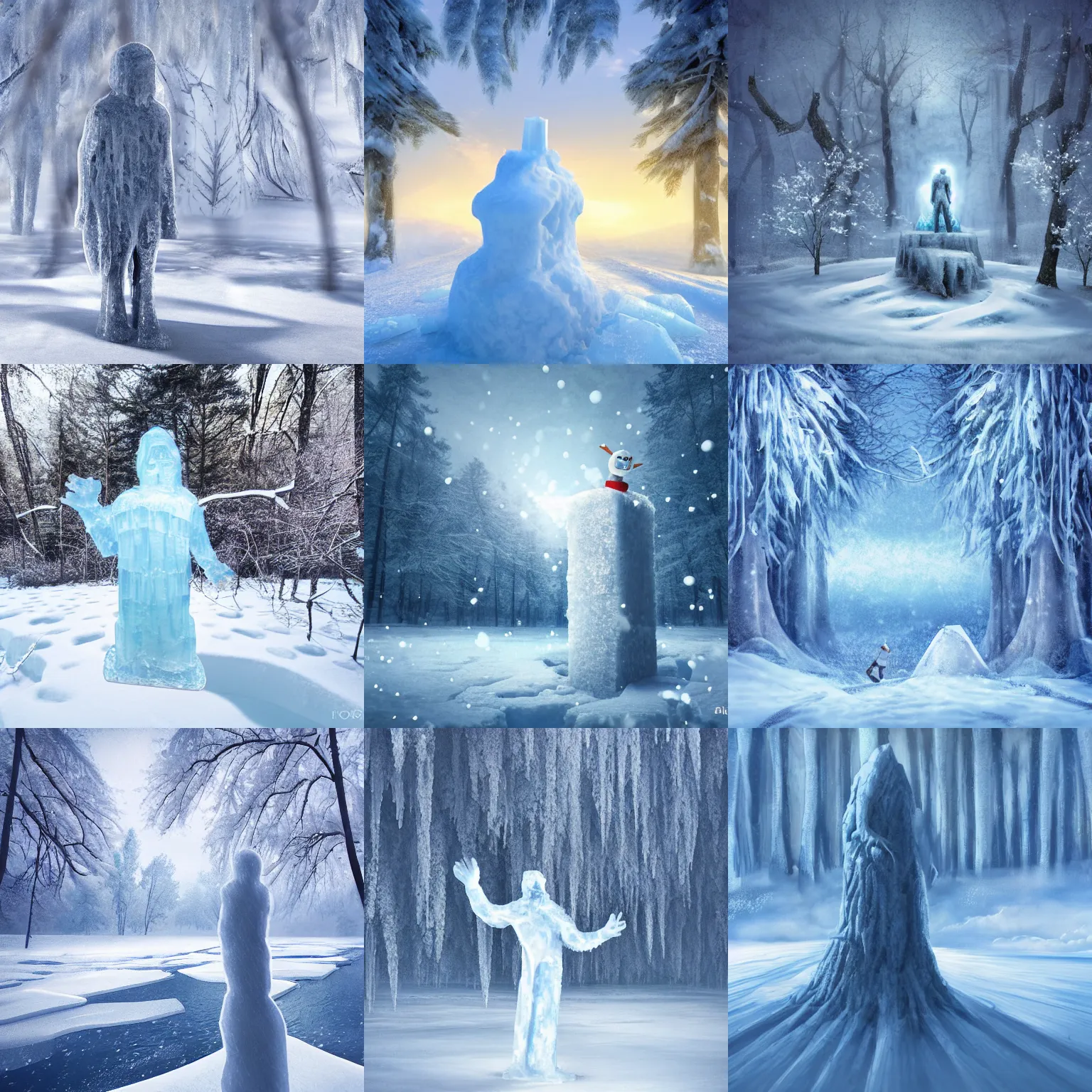 Prompt: figure frozen in solid block of ice in snowy forest, concept fantasy art, winter landscape