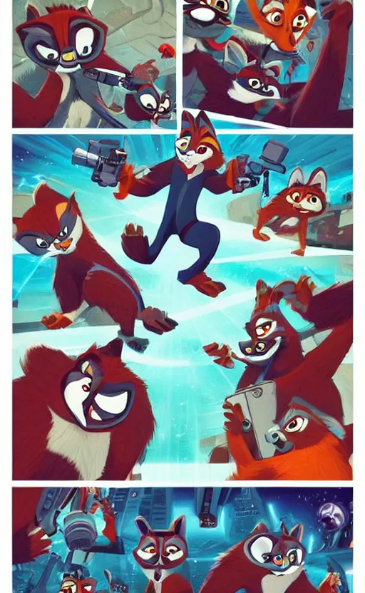 Image similar to “red racoons facing off with blue racoons in the style of zootopia, they’re all holding a laser gun”