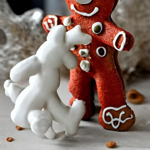 Image similar to gingerbread man in shining armor slays dragon made of milk