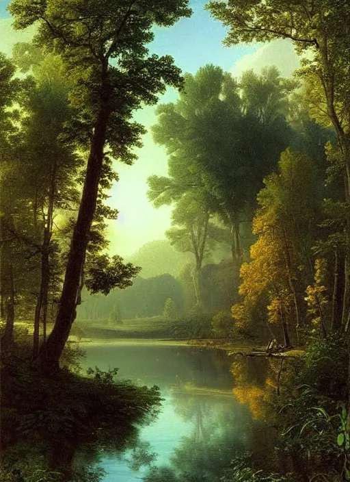 Prompt: a very bright calm morning mirror river, light shafts, dewdrops, stunning atmosphere, nature art by asher brown durand, by ivan shishkin