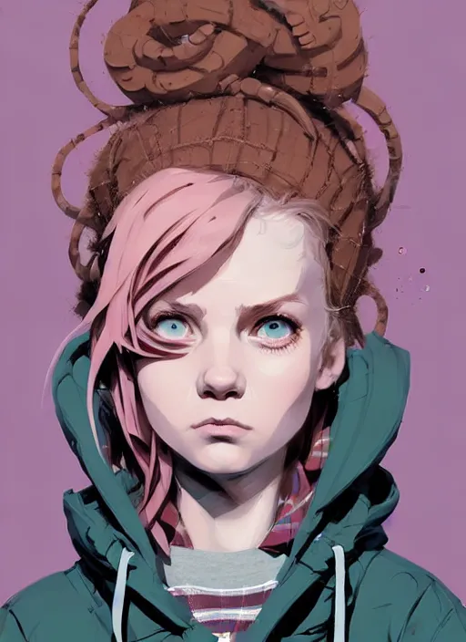 Prompt: highly detailed portrait of a sewer punk lady student, blue eyes, tartan hoody, ringlet hair by atey ghailan, by greg rutkowski, by greg tocchini, by james gilleard, by joe fenton, by kaethe butcher, gradient pink, brown, light blue and white color scheme, grunge aesthetic!!! ( ( graffiti tag wall background ) )