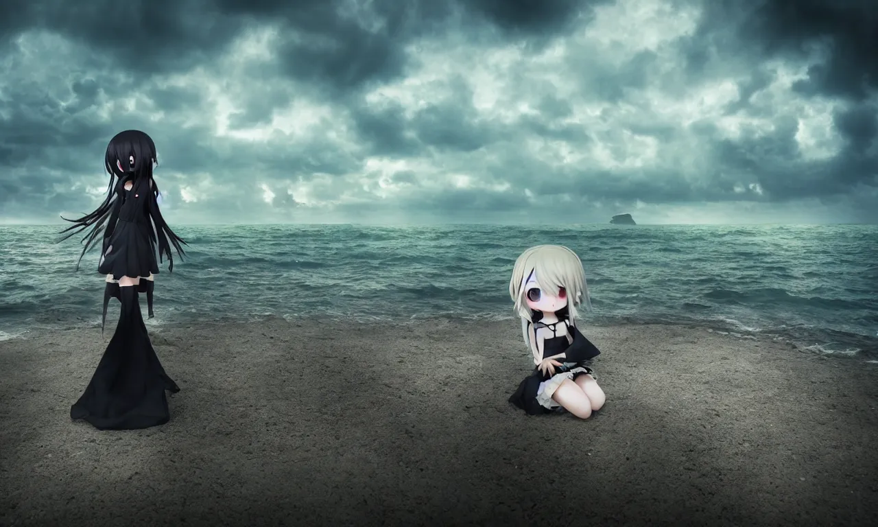 Prompt: cute fumo plush girl enigmatic gothic maiden anime girl on an abandoned island surrounded by the sea, marine beach seascape, storm clouds in the distance, vignette, vray