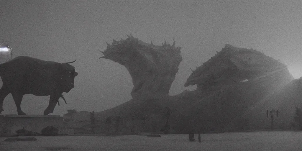 Image similar to light coming out of one bull - like kaiju starfish monster, korean film noir, korean traditional palace, pyongyang city, 1 9 6 0 s, red color bleed, 4 k, video compression, video glitch, monochrome, akira kurosawa, mamoru oshii, wes anderson, stanley kubrick