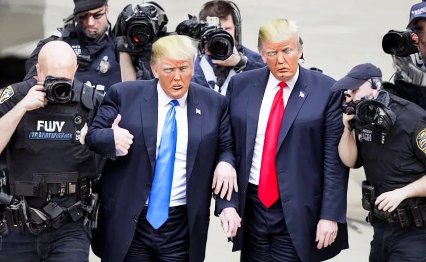 Prompt: Candid photo of Donald Trump arrested by FBI agents, Reuters, AP Press photo, long lens, sony a7s camera, 4K