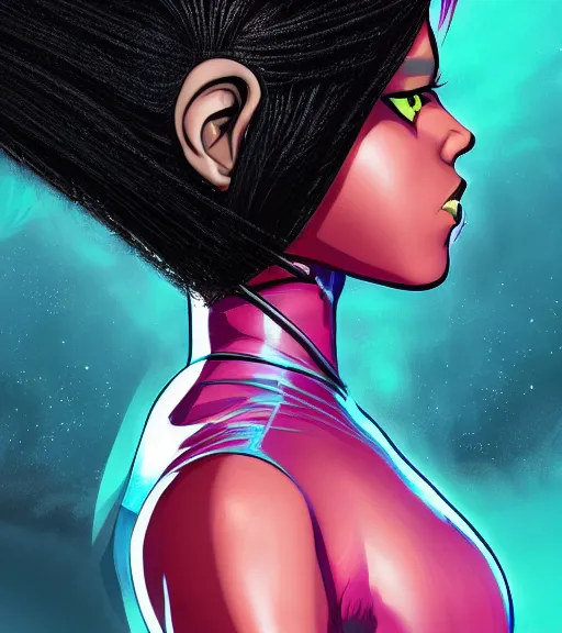 Prompt: a digital painting of a black female android with futuristic hair, side portrait, a comic book panel by Craig Thompson, behance contest winner, afrofuturism, marvel comics, official art, artstation hq