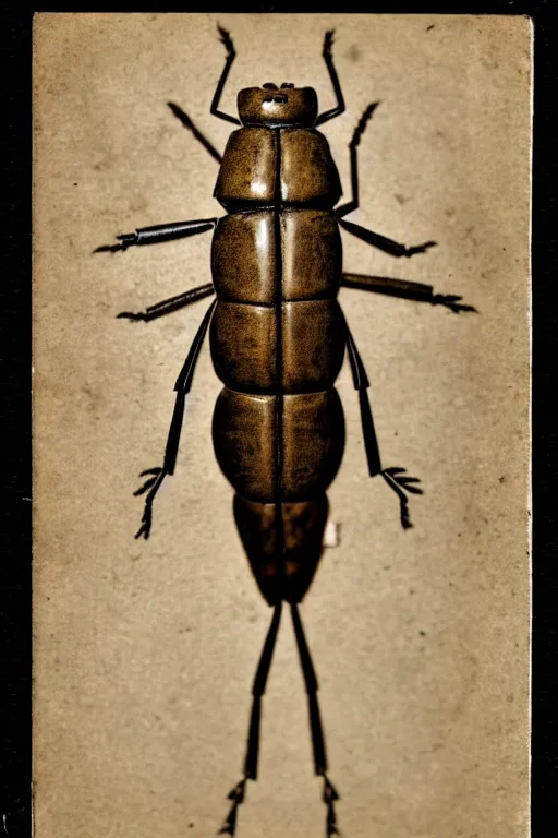 Image similar to anthropomorphic locust, wearing a suit, vintage photograph, sepia