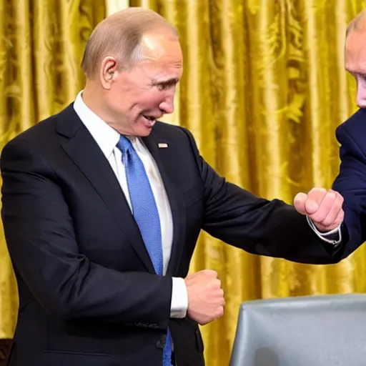 Prompt: biden and putin playing rock paper scissors, both of them played scissors with their hands