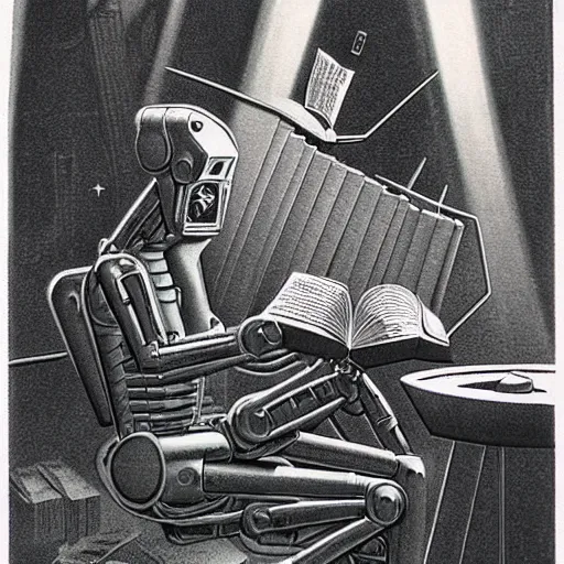 Image similar to retro dark vintage sci-fi, 2D matte illustration, robot reading a book in a park, art by Szukalski, Beksinski