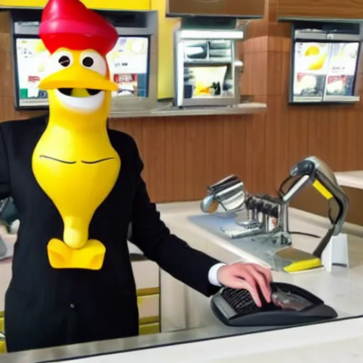 Image similar to anthropomorphic lemon working at mcdonalds wearing mcdonalds hat