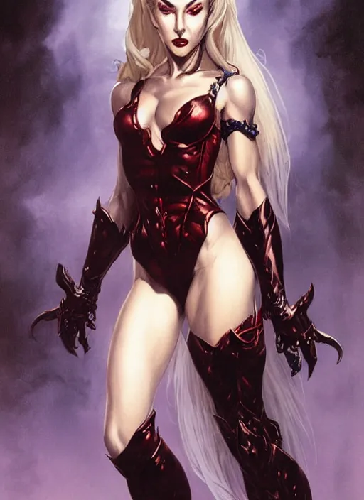 Image similar to portrait of a beautiful vampire lady, armor plating, painted by frank frazetta and artgerm