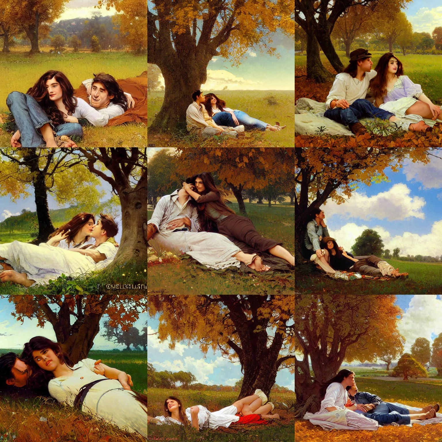 Prompt: young man and woman with long brown hair, laying under a tree looking at clouds autumn, ( ( ( wearing jeans ) ) ), by ( ( ( charles sillem lidderdale ) ) ), stanley artgerm lau, greg rutkowski, thomas kindkade, alphonse mucha, loish, norman rockwell