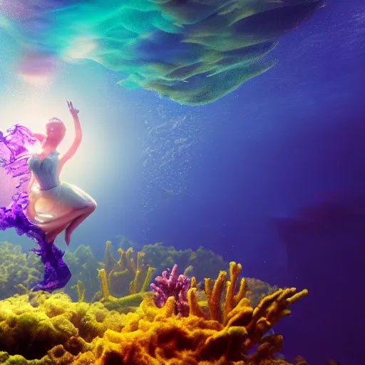 Image similar to woman dancing underwater wearing a flowing dress made of blue, magenta, and yellow seaweed, delicate coral sea bottom, swirling silver fish, swirling smoke shapes, octane render, caustics lighting from above, cinematic, hyperdetailed