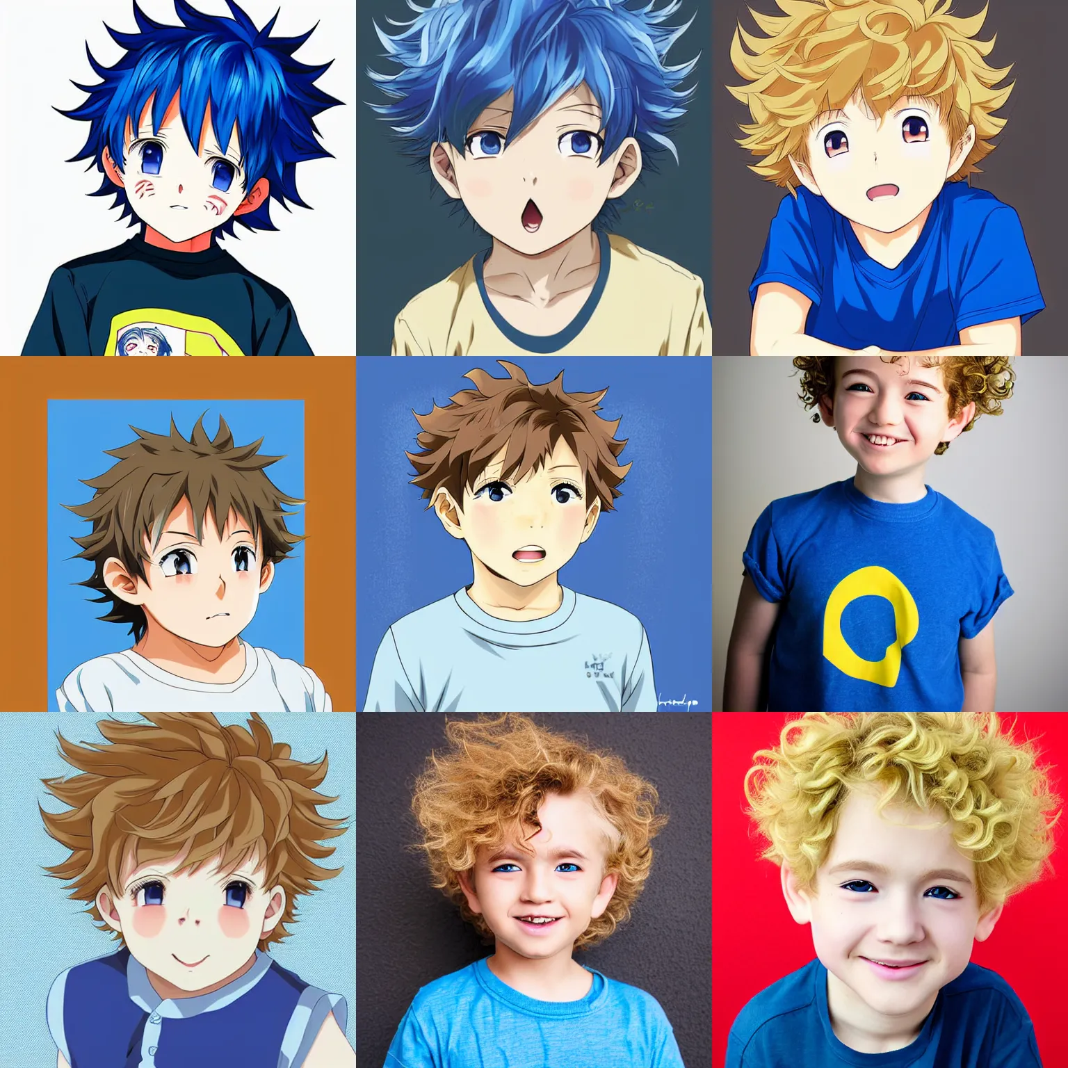 Prompt: A medium shot anime portrait of a little smiling anime boy with extremely short curly wavy light blonde hair and blue eyes, buzzed sides, blue-eyed, chubby face, very young, little boy, medium shot portrait, curly and short top hair, curls on top, his whole head fits in the frame, solid color background, flat anime style shading, head shot, 2d digital anime drawing by Stanley Artgerm Lau, WLOP, Rossdraws, James Jean, Andrei Riabovitchev, Marc Simonetti, and Sakimi chan, trending on artstation