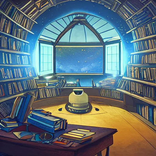 Image similar to Interior of an observatory, Blue light, Telescope, Shelves of books, Cluttered with Star maps, charts and tools, Dramatic lighting, Epic composition, Wide angle, by Miyazaki, Nausicaa Ghibli, Breath of The Wild