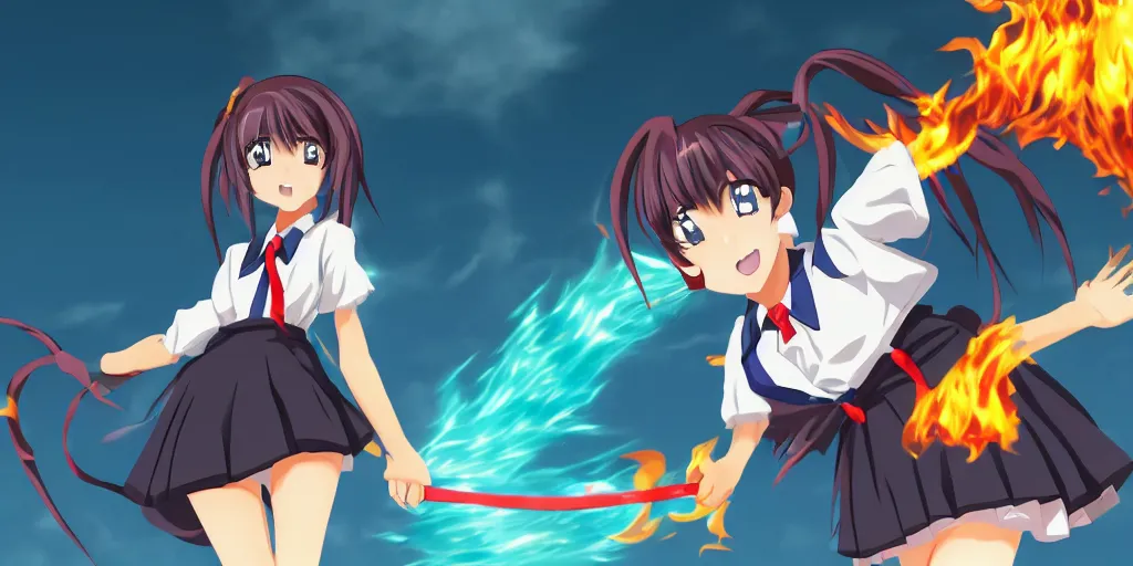 Prompt: An anime schoolgirl who can breath fire like. 4K HD Wallpaper. Premium Prints Available