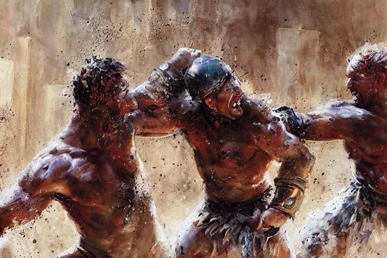 Prompt: a realistic painting of two gladiators fighting each other inside the colosseum, hot weather, brutal fight, extreme detail, action pose, Craig Mullins