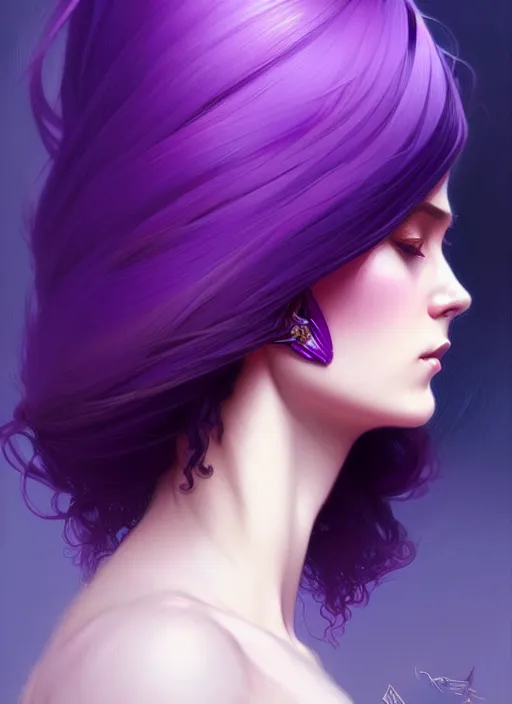 Image similar to Purple hair, creative colouring Portrait of woman, fashion, intricate, elegant, highly detailed, digital painting, artstation, concept art, smooth, sharp focus, illustration, art by artgerm and greg rutkowski and alphonse mucha