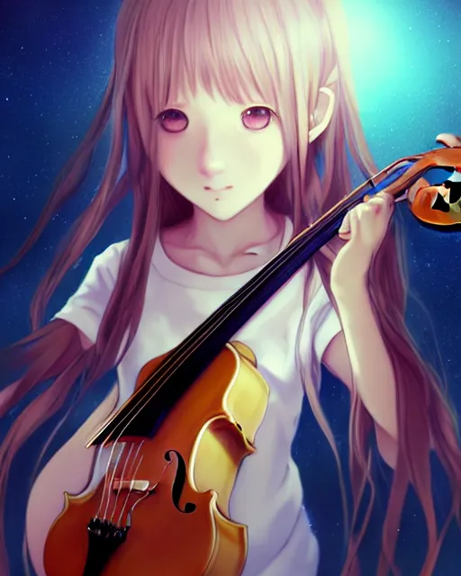 Image similar to teen, cute, melancholy, full body, cat girl, white skin, golden long wavy hair, holding a violin and playing a song, stunning art style, filters applied, lunar time, night sky, trending art, sharp focus, centered, landscape shot, fate zero, simple background, studio ghibly makoto shinkai yuji yamaguchi, by wlop